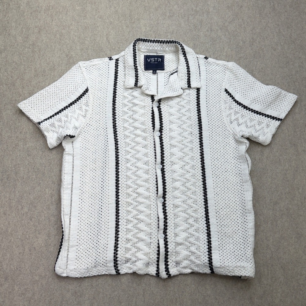 VSTR Crochet Knit Shirt Men XL Button Down White Boho Coastal Beach Resort Retro